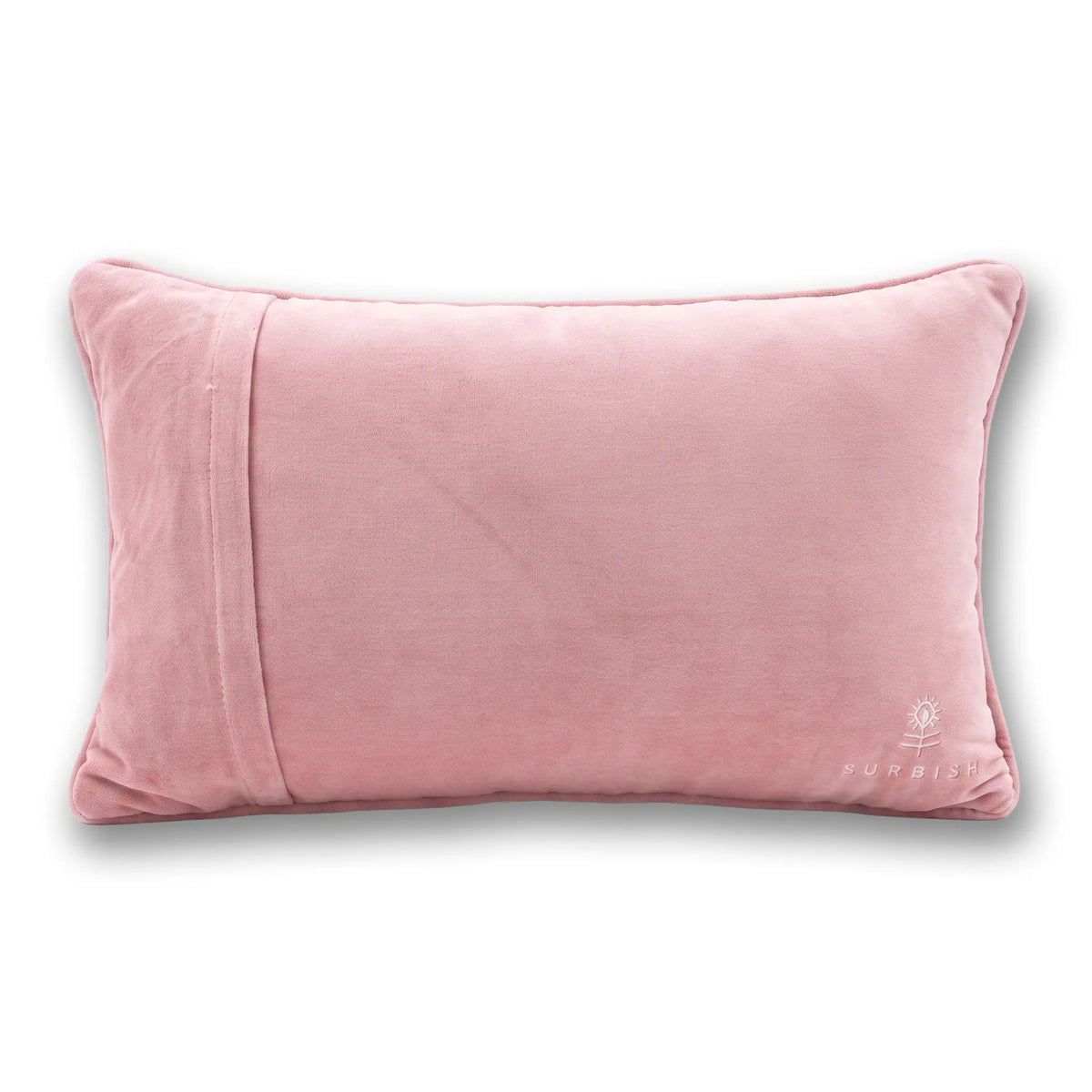 A dusty pink velvet lumbar pillow with a vertical stitched detail on the left side and a small white embroidered logo in the bottom right corner, set against a plain white background.