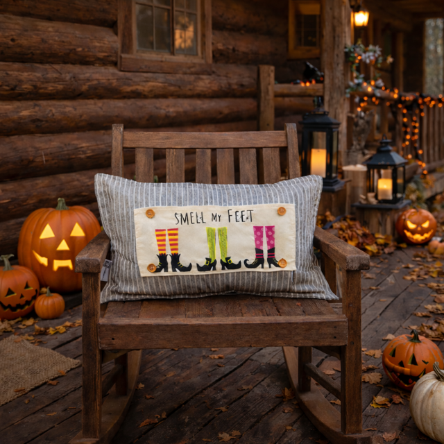 Decorative pillow with Halloween-themed design on a wooden bench in front of a log cabin with pumpkins and lanterns.