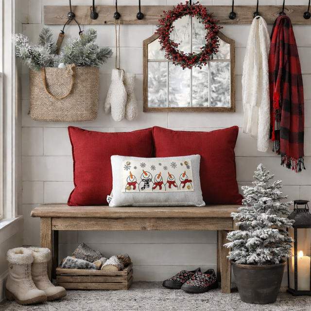 A styled holiday home interior with a rustic wooden bench holding two red throw pillows and a white pillow with a Christmas print. A mirror, wreath, hanging scarf, gloves, and winter accessories are arranged on the wall above the bench, with boots, shoes, and a small potted tree in a cozy room setting.