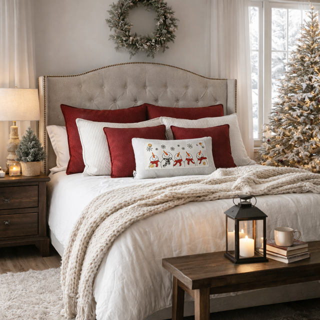 A beautifully styled holiday bedroom featuring a tufted beige headboard, white bedding, red and white accent pillows, a knit cream throw blanket, a rustic wooden nightstand with a lamp, and a festive Christmas tree in the background.