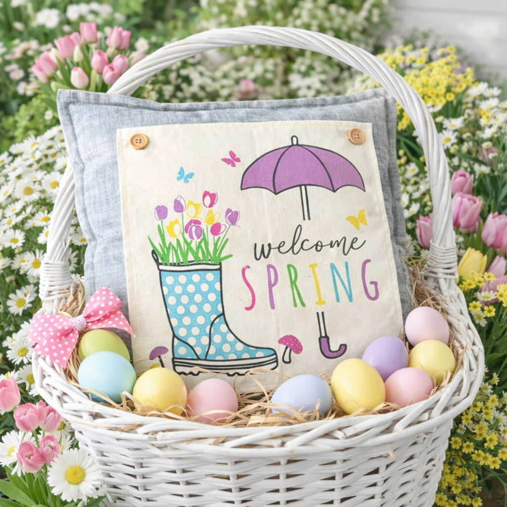 A decorative square throw pillow with a 'Welcome Spring' Easter design, displayed inside a white wicker basket filled with pastel eggs and flowers. The pillow features a blue polka-dot rain boot with tulips, a purple umbrella, and colorful butterflies on a beige background, framed by a gray fabric border.
