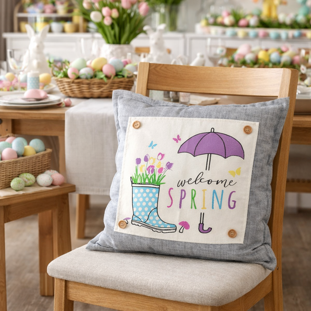 A square decorative throw pillow with a gray linen-like border and a white central panel featuring a purple umbrella, a blue polka-dot rain boot with tulips, butterflies, and the words 'welcome SPRING,' styled on a wooden chair in a spring-themed dining room.