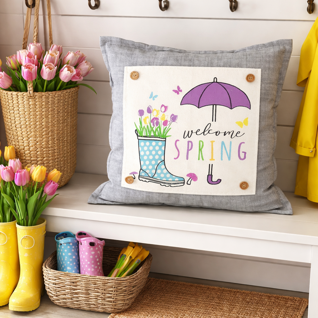 A square gray throw pillow with a 'Welcome Spring' graphic print, styled on a white bench in a cozy, spring-themed room setting with yellow rain boots, tulips, and a basket of flowers.