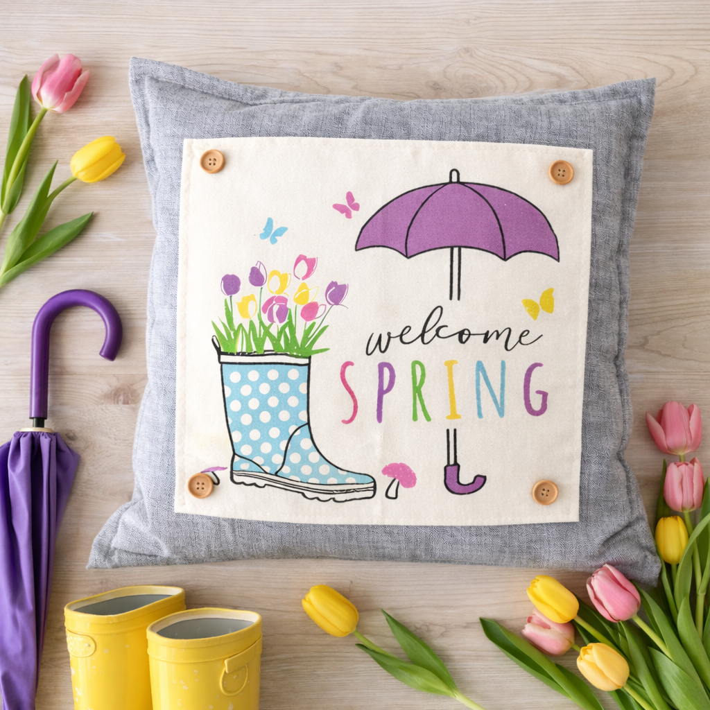 A square gray throw pillow with a large cream fabric patch that reads 'welcome SPRING' in multicolored lettering, decorated with a purple umbrella, blue polka-dot rain boot, tulips, butterflies, and wooden buttons. The pillow is styled on a light wood surface with tulips, yellow rain boots, and a purple umbrella.