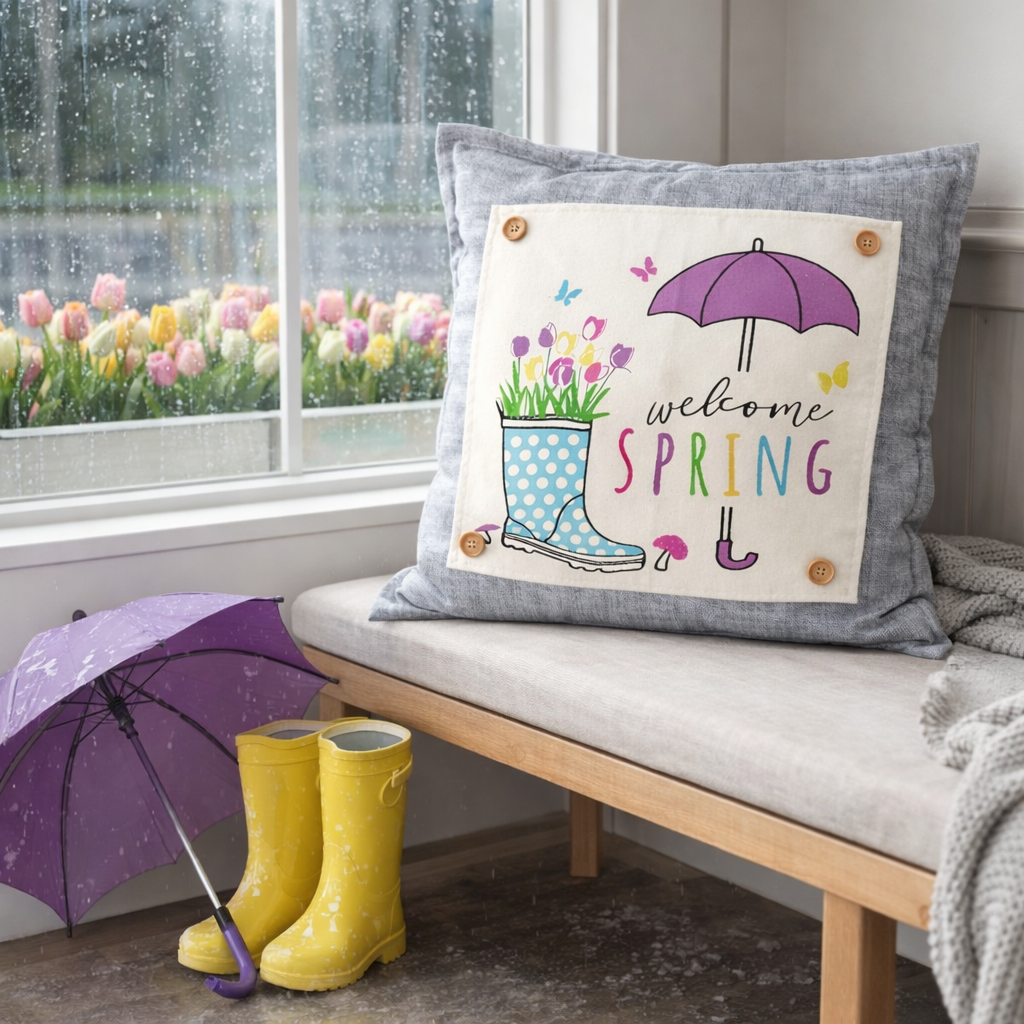 A square decorative throw pillow with a gray linen-textured border and a cream center panel that reads 'welcome SPRING' with a purple umbrella, blue polka-dot rain boots, flowers, and butterflies. The pillow is styled on a light gray bench beside a window with raindrops, with a purple umbrella and yellow rain boots on the floor nearby.