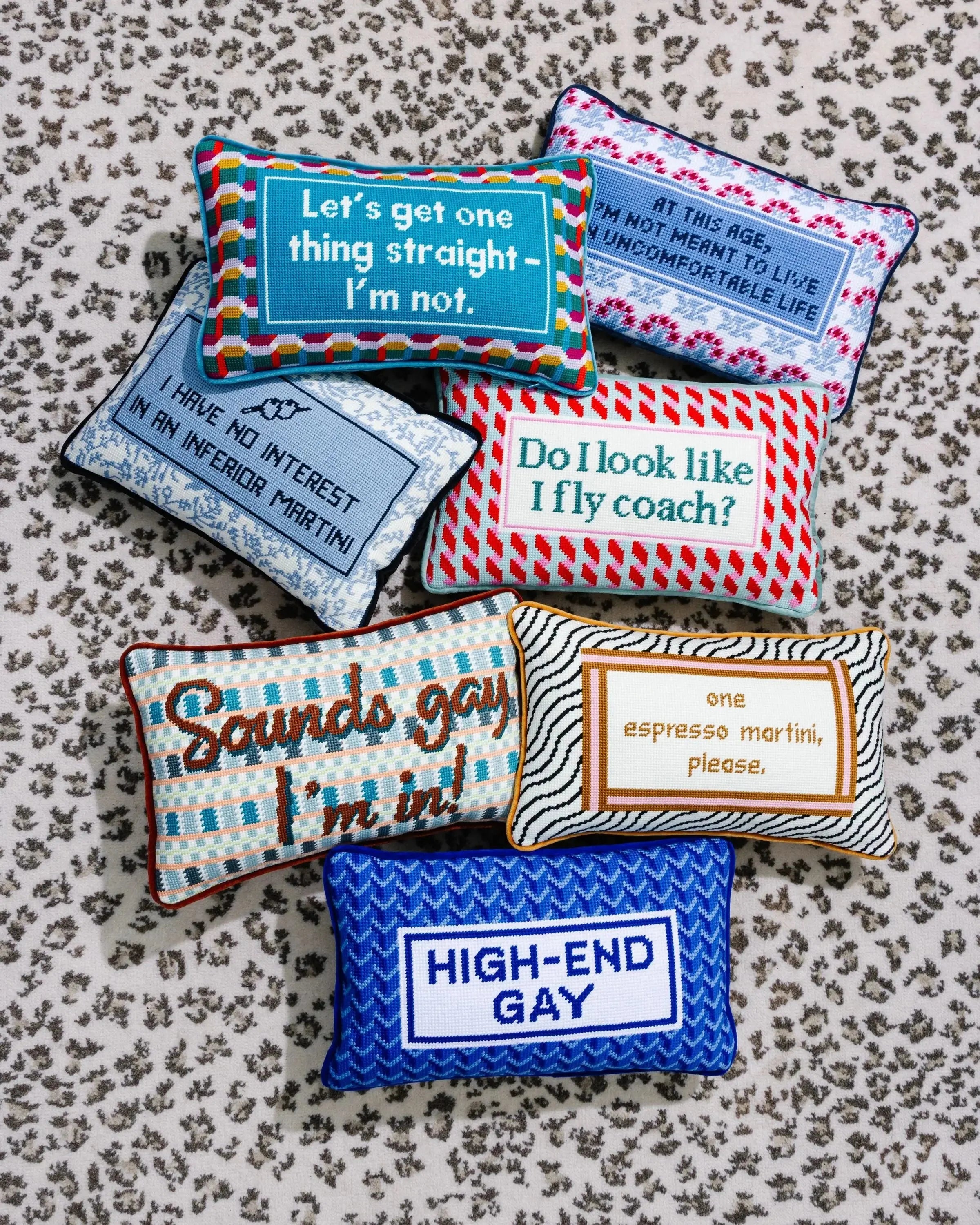 Funny embroidered throw pillows with witty quotes, perfect for cozy farmhouse or cottage style home decor.