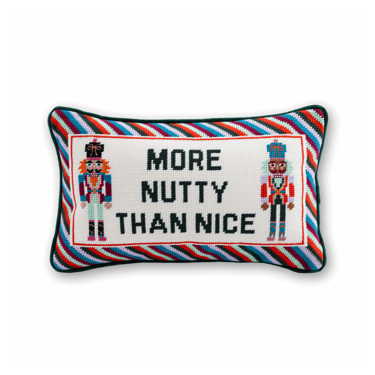 Decorative pillow with striped pattern and text 'More Nutty Than Nice' on a white background