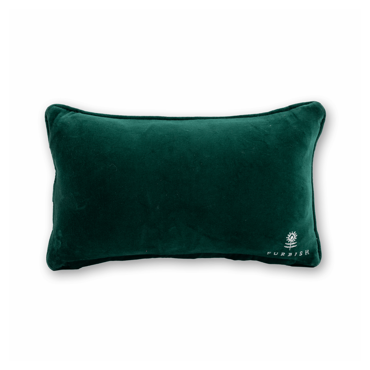 Green pillow with a brand logo on a white background