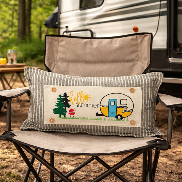 A rectangular decorative throw pillow with a striped gray and white border and a central cream patch reading 'hello summer' with a tree, sun, mushroom, and camper illustration, resting on a camping chair in front of an RV in a wooded outdoor setting.
