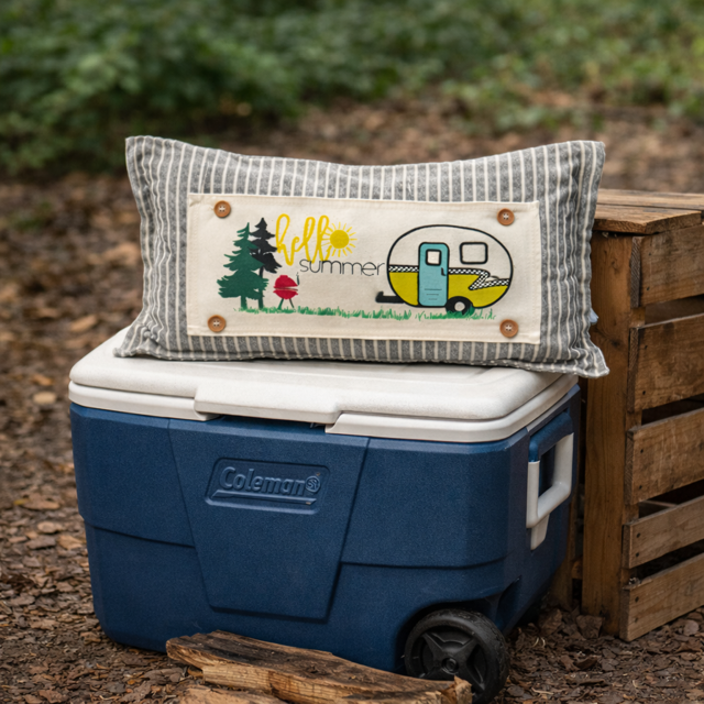 A decorative rectangular throw pillow with a striped gray and white border and a central cream patch reading 'hello summer' with a camper illustration, styled on top of a blue Coleman cooler outdoors.