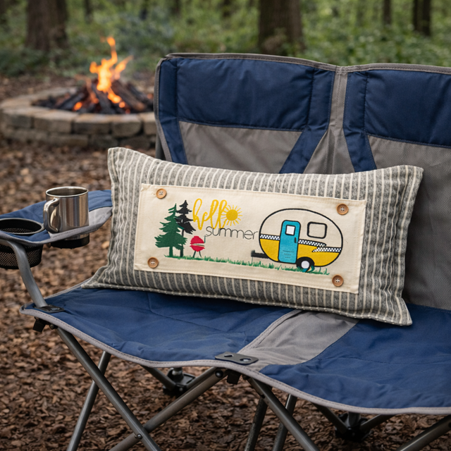Camping chair with a decorative pillow featuring a camper design, next to a campfire in the woods.