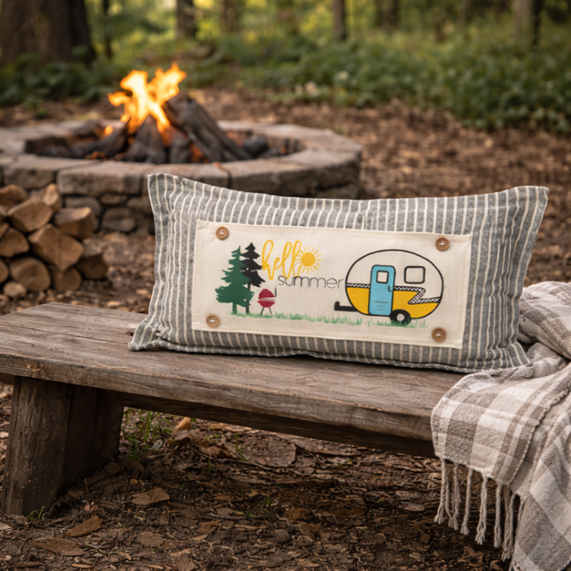 A rectangular striped throw pillow with a camping-themed graphic reading 'Hello Summer' and showing a retro trailer, trees, and a campfire, resting on a wooden bench in front of a real outdoor campfire scene.