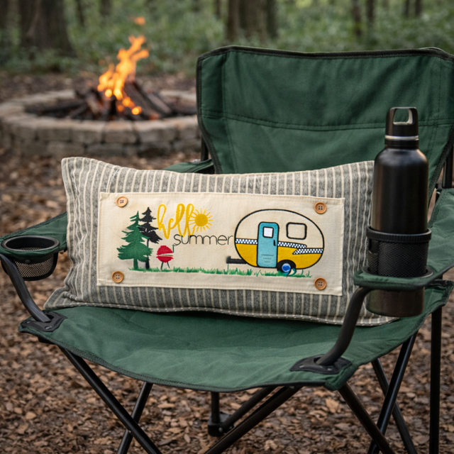 A rectangular decorative pillow with a striped green and white border and a colorful 'Hello summer' camping trailer graphic, resting on a green folding camp chair in front of a campfire.