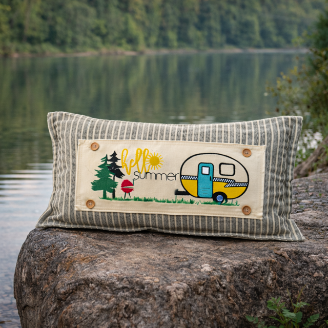 A rectangular decorative throw pillow with a striped fabric body and a central cream patch reading 'hello summer' with a camper, trees, and sun, resting on a large rock in front of a lake.