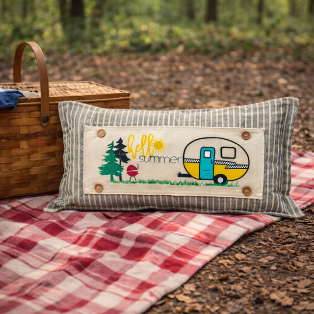 A rectangular striped throw pillow with a central embroidered patch reading 'hello summer' and showing a retro trailer, trees, and a mushroom, placed on a red-and-white plaid blanket outdoors beside a wicker picnic basket.