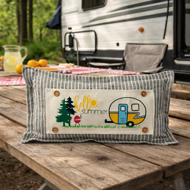 A rectangular decorative pillow with a gray and white striped border and a central cream patch reading “hello summer,” displayed on a wooden picnic table outdoors with a campervan and picnic setup in the background.