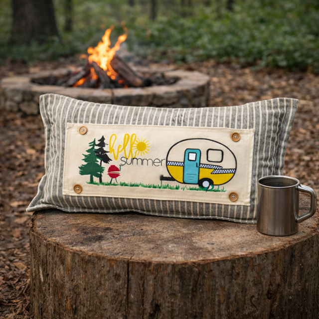 A rectangular decorative pillow with a striped gray fabric body and a central cream patch reading "hello summer" with a retro trailer illustration, styled on a tree stump beside a metal mug in front of a campfire outdoors.