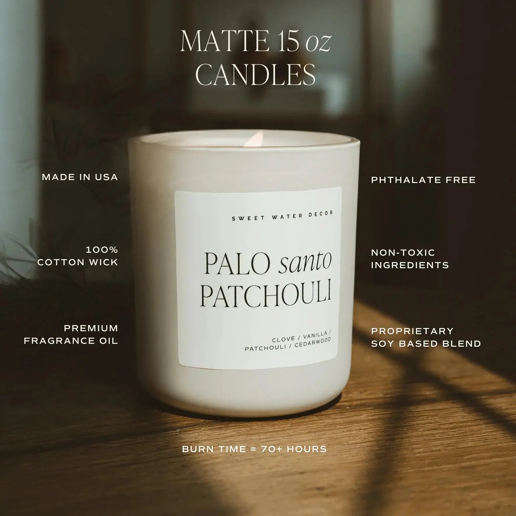 Candle labeled 'Palo Santo Patchouli' with product details on a wooden surface