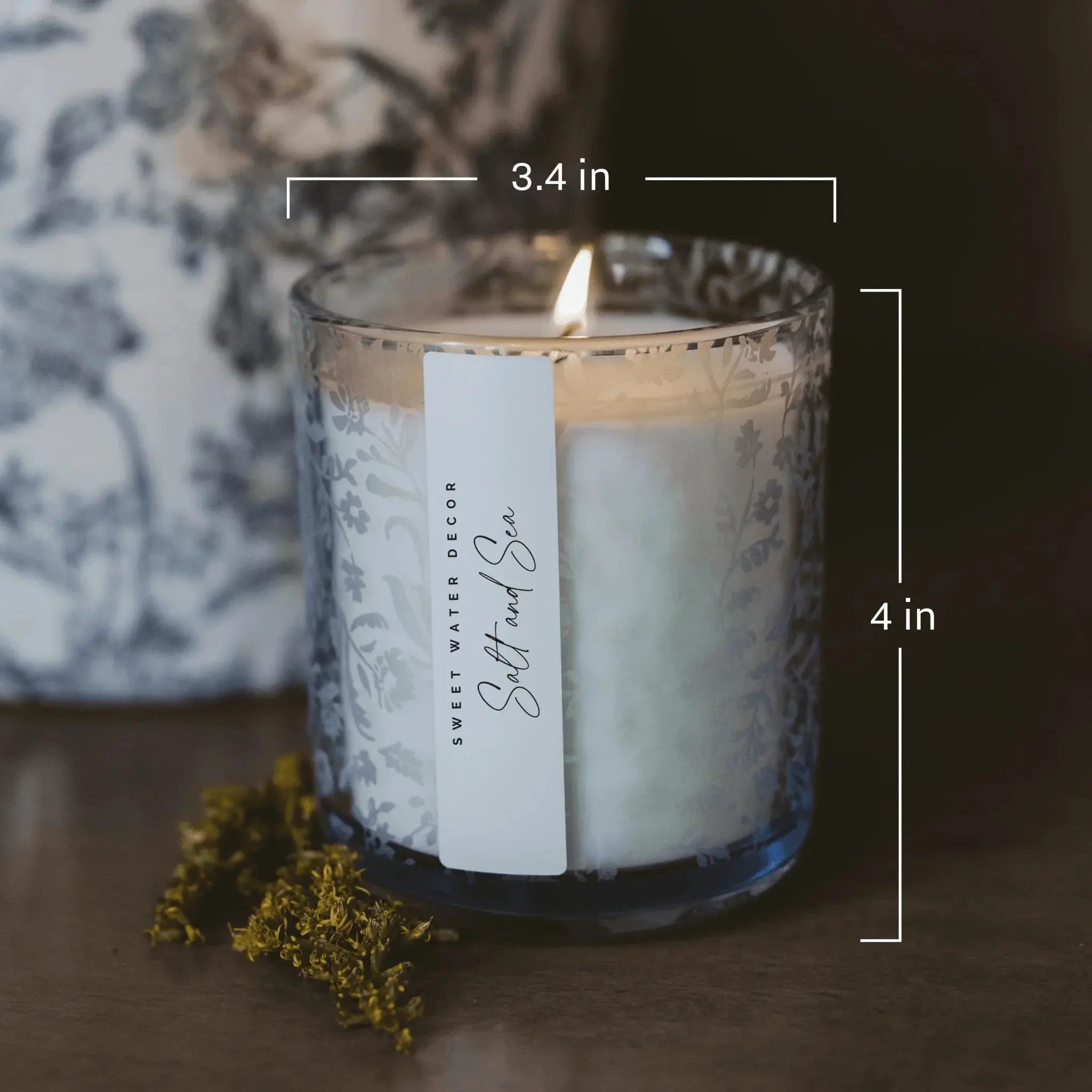 Salt and Sea scented candle in floral glass jar, 4 inches tall, cozy farmhouse decor with dried flowers
