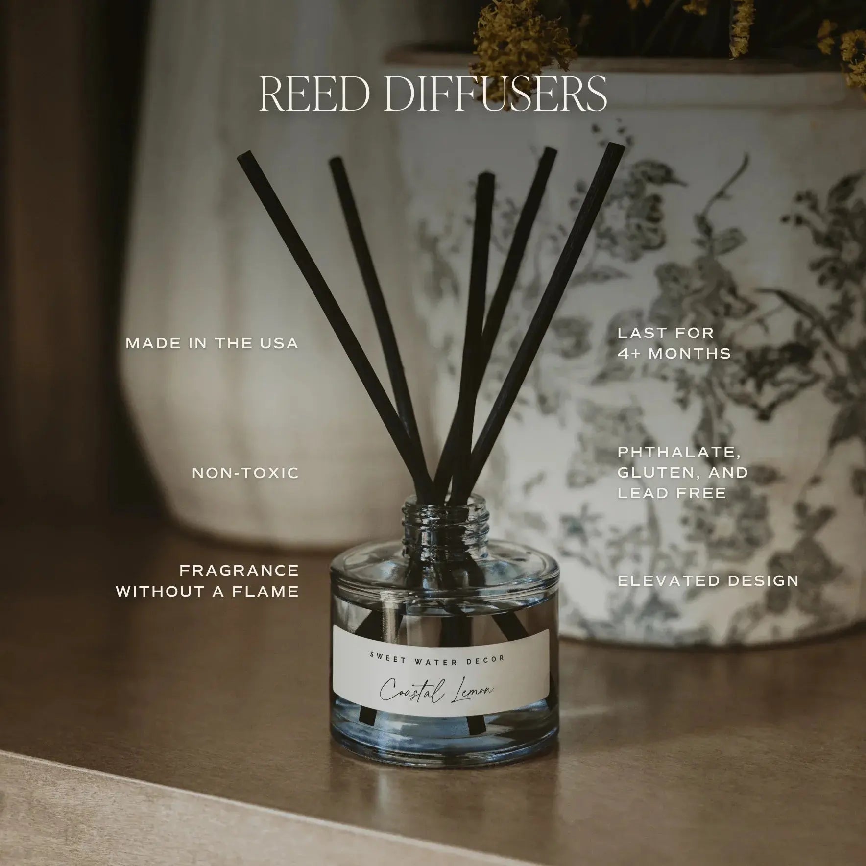 Coastal Lemon reed diffuser with black sticks, non-toxic fragrance for cozy farmhouse home decor