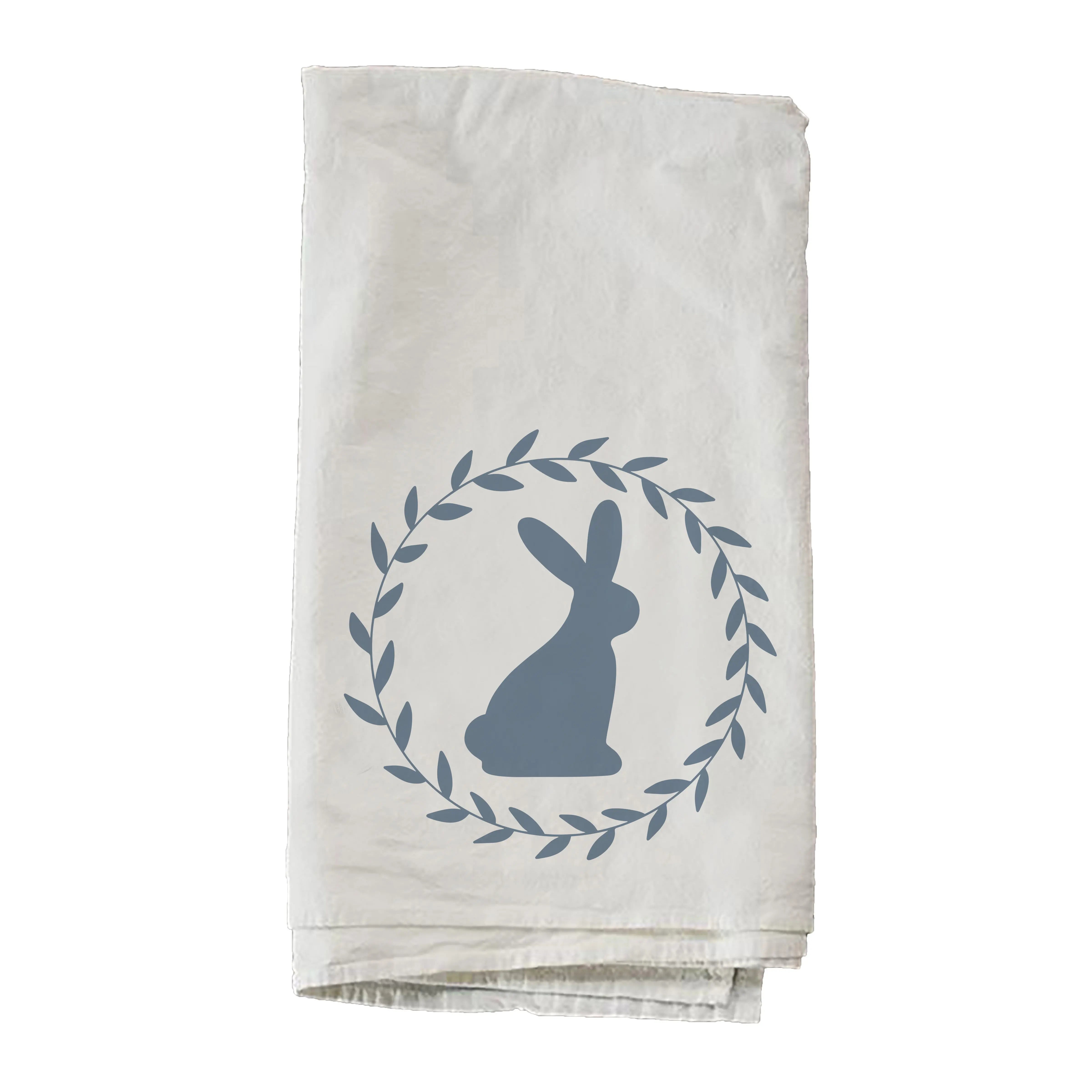 Cream kitchen towel with blue bunny silhouette and leaf wreath, farmhouse decor