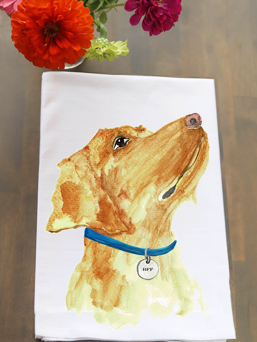 Towel with a dog illustration and flowers on a wooden surface