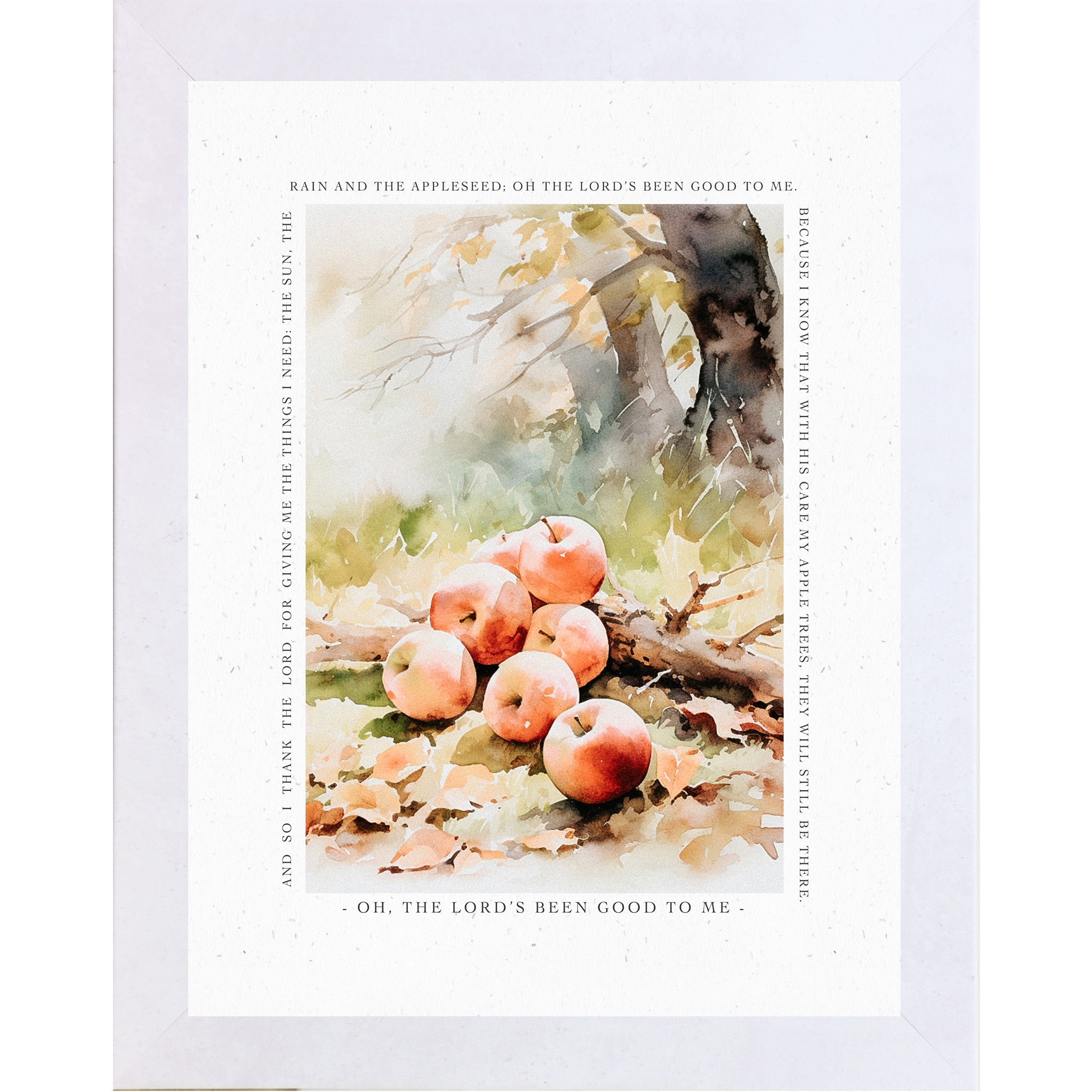 Framed artwork with apples and nature elements on a white background