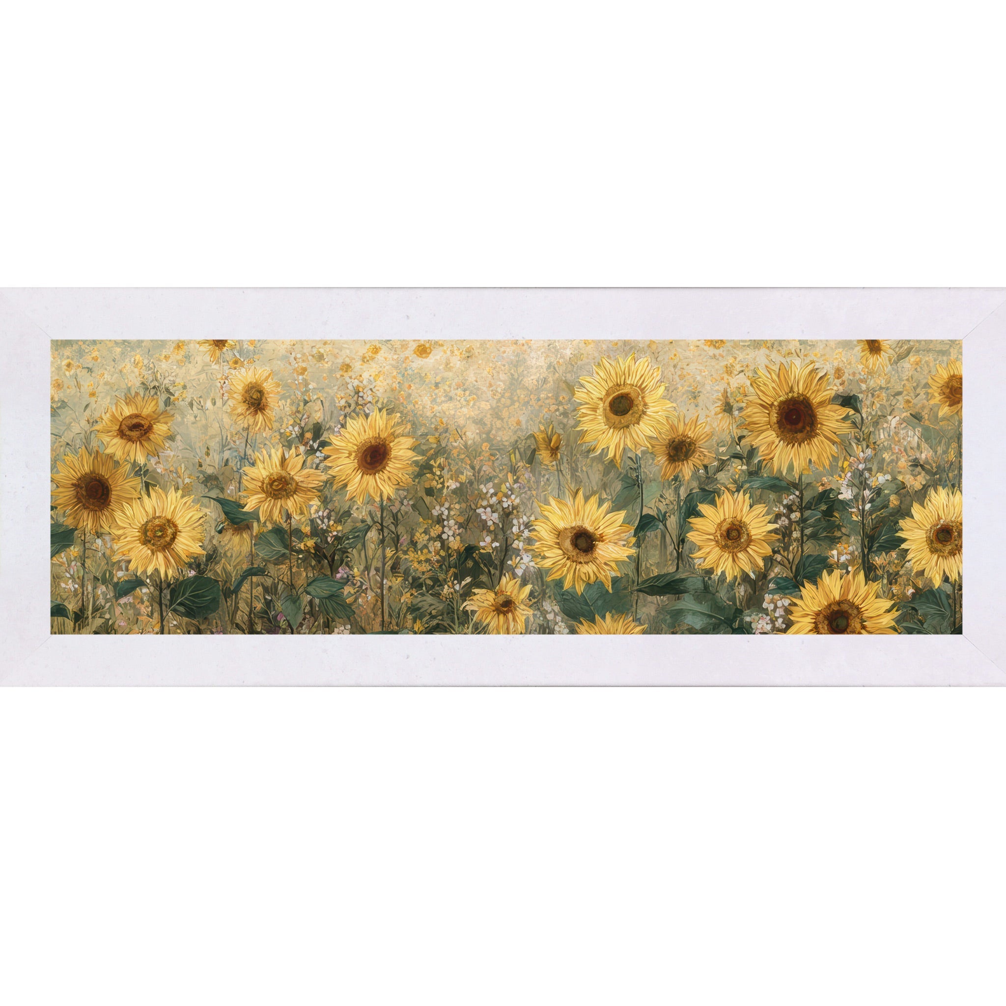 Framed artwork of sunflowers and wildflowers on a white background
