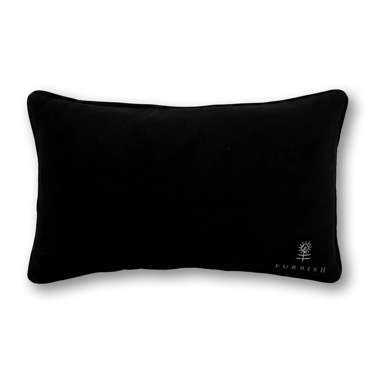 A rectangular black velvet lumbar pillow with a small white embroidered Furnish logo in the bottom right corner, shown on a clean white background.