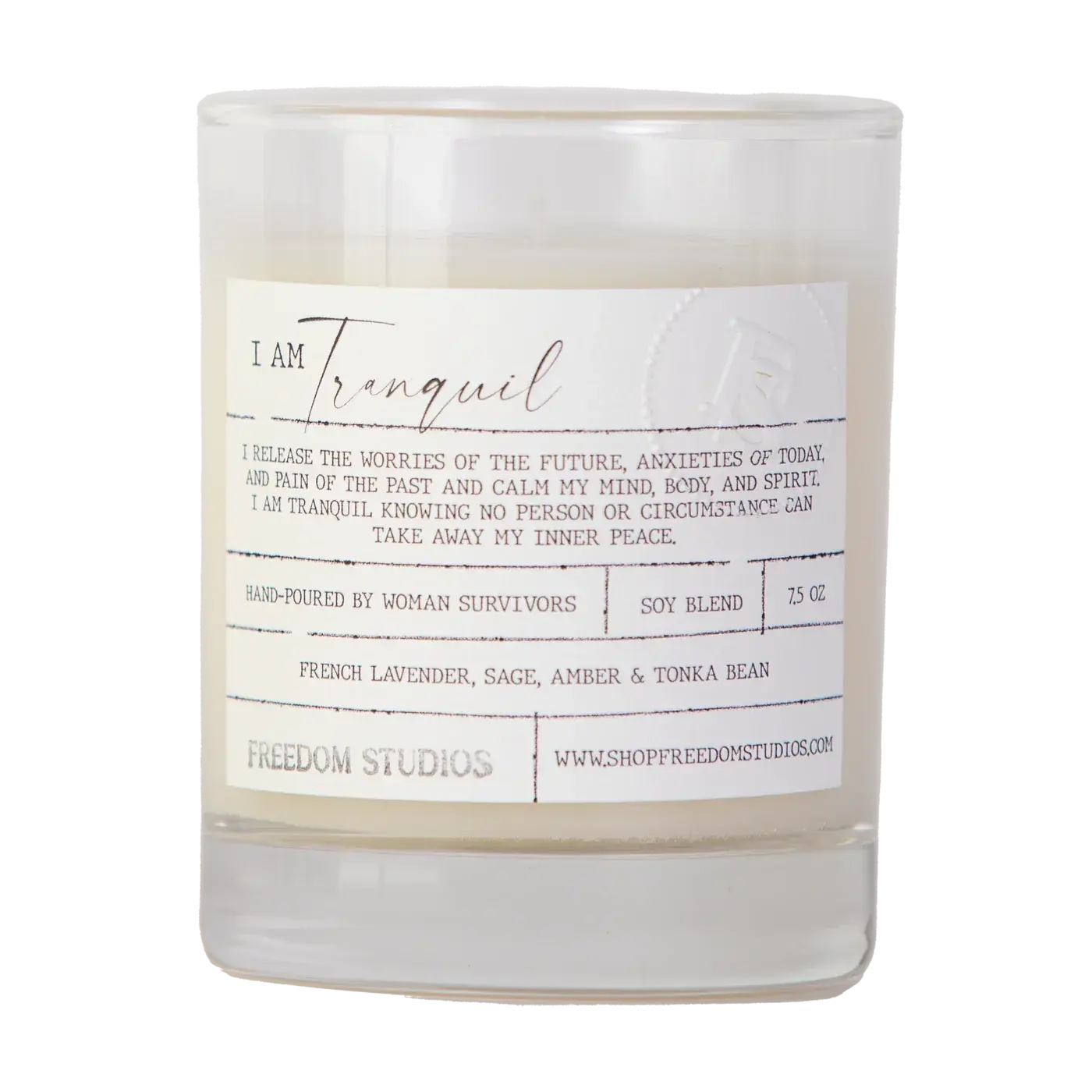 Tranquil soy candle with calming affirmations, French lavender & sage scent, hand-poured by women survivors