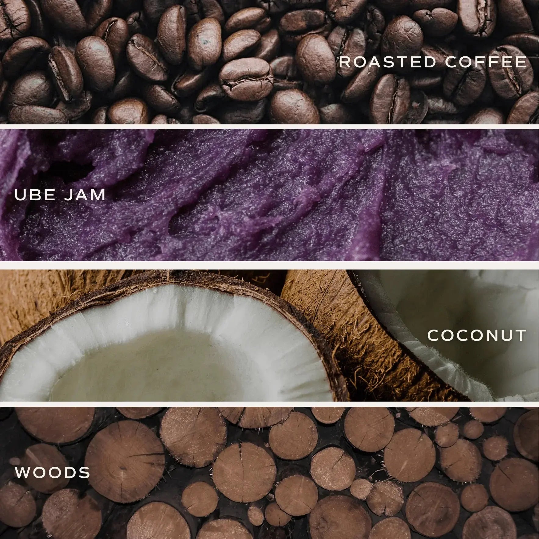 Roasted coffee, ube jam, coconut, and wood slices for cozy home fragrance or decor