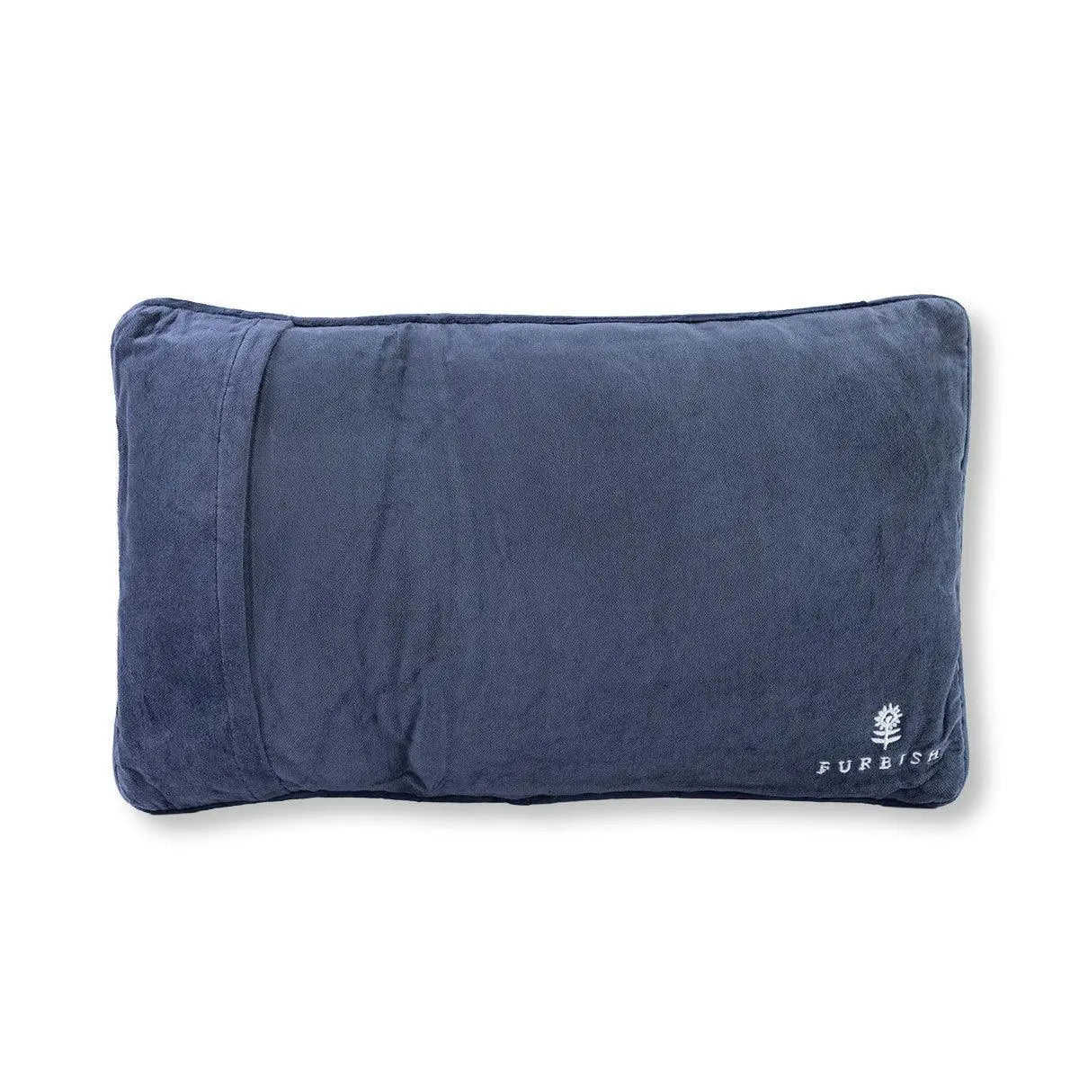 Navy blue Furbish lumbar pillow with embroidered logo, cozy farmhouse decor accent