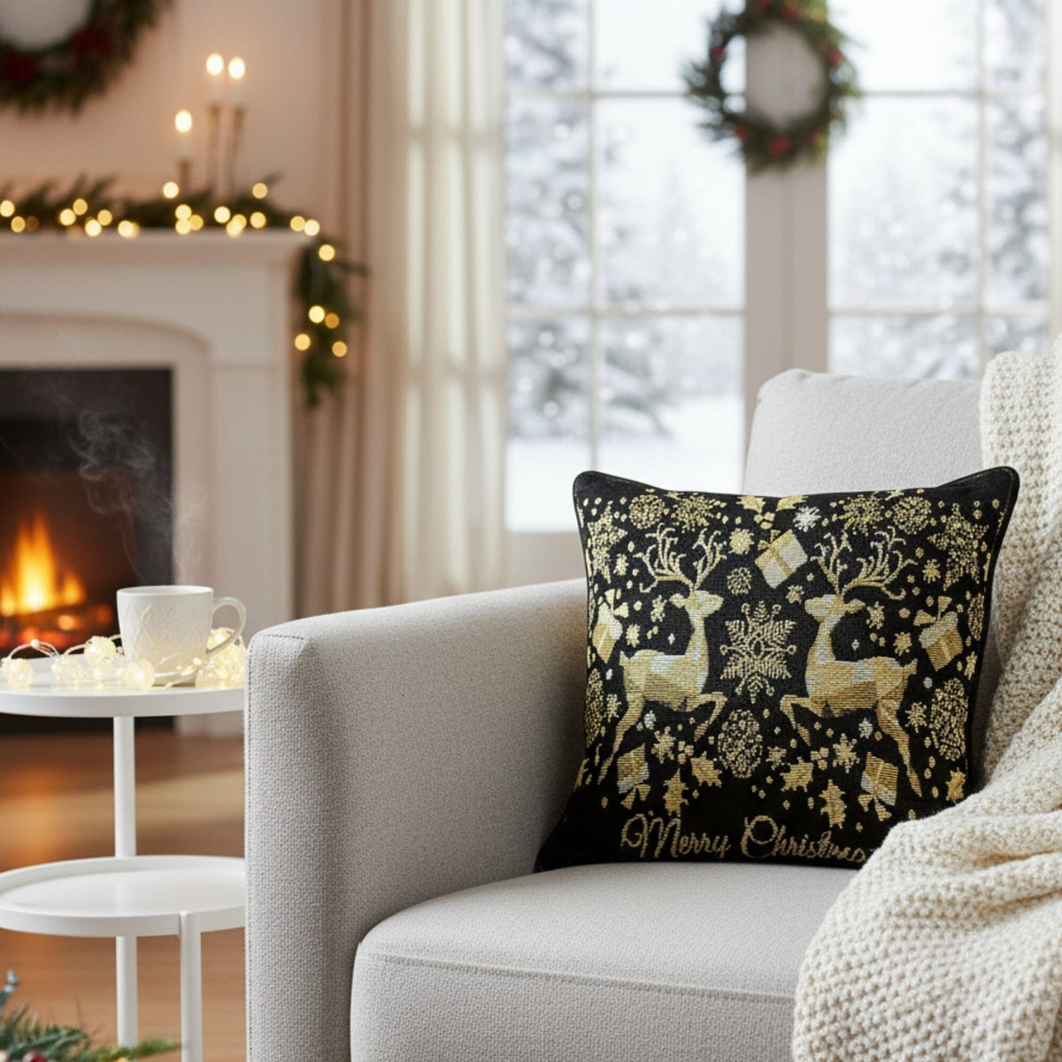 Decorative pillow with gold reindeer design on a gray sofa in a festive living room.