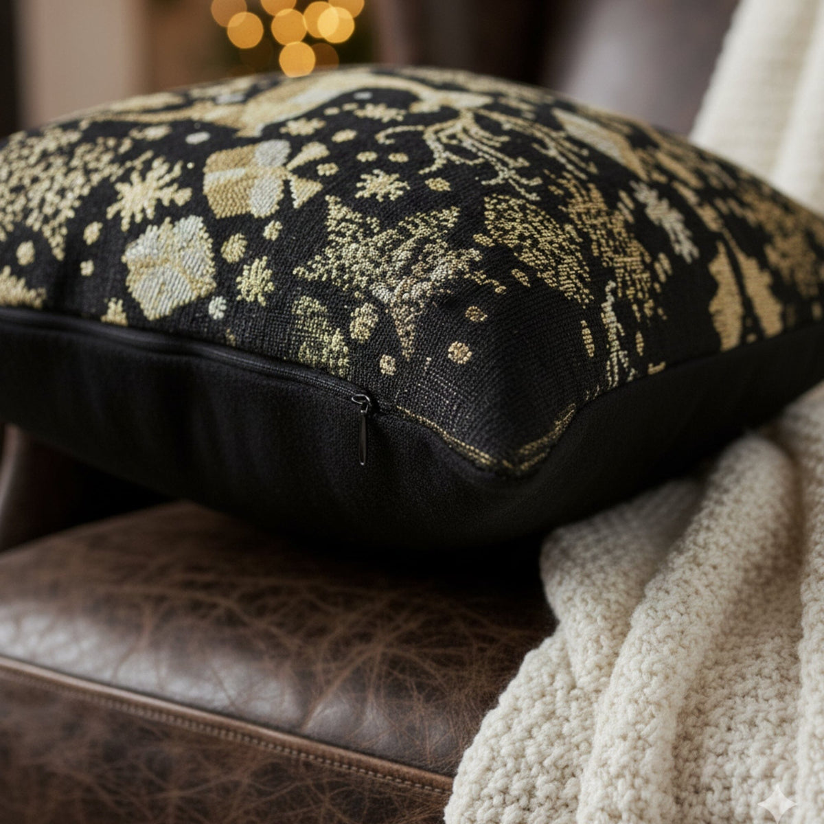 Decorative pillow with black and gold pattern on a brown leather chair.