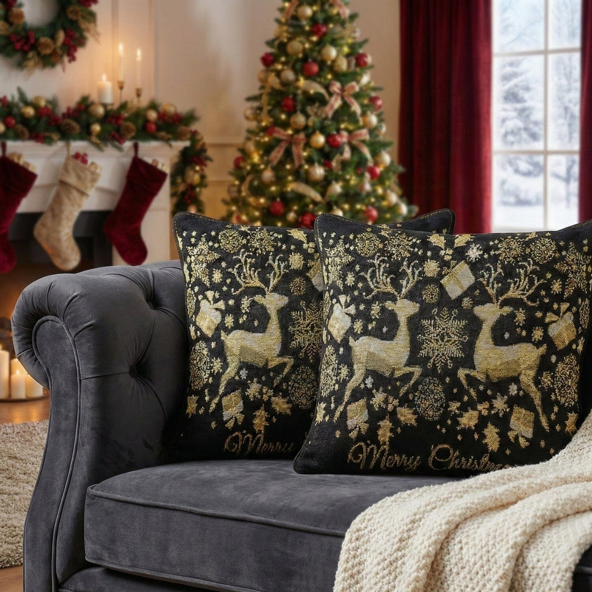 Decorative pillows with reindeer and snowflake patterns on a gray sofa in a festive living room.