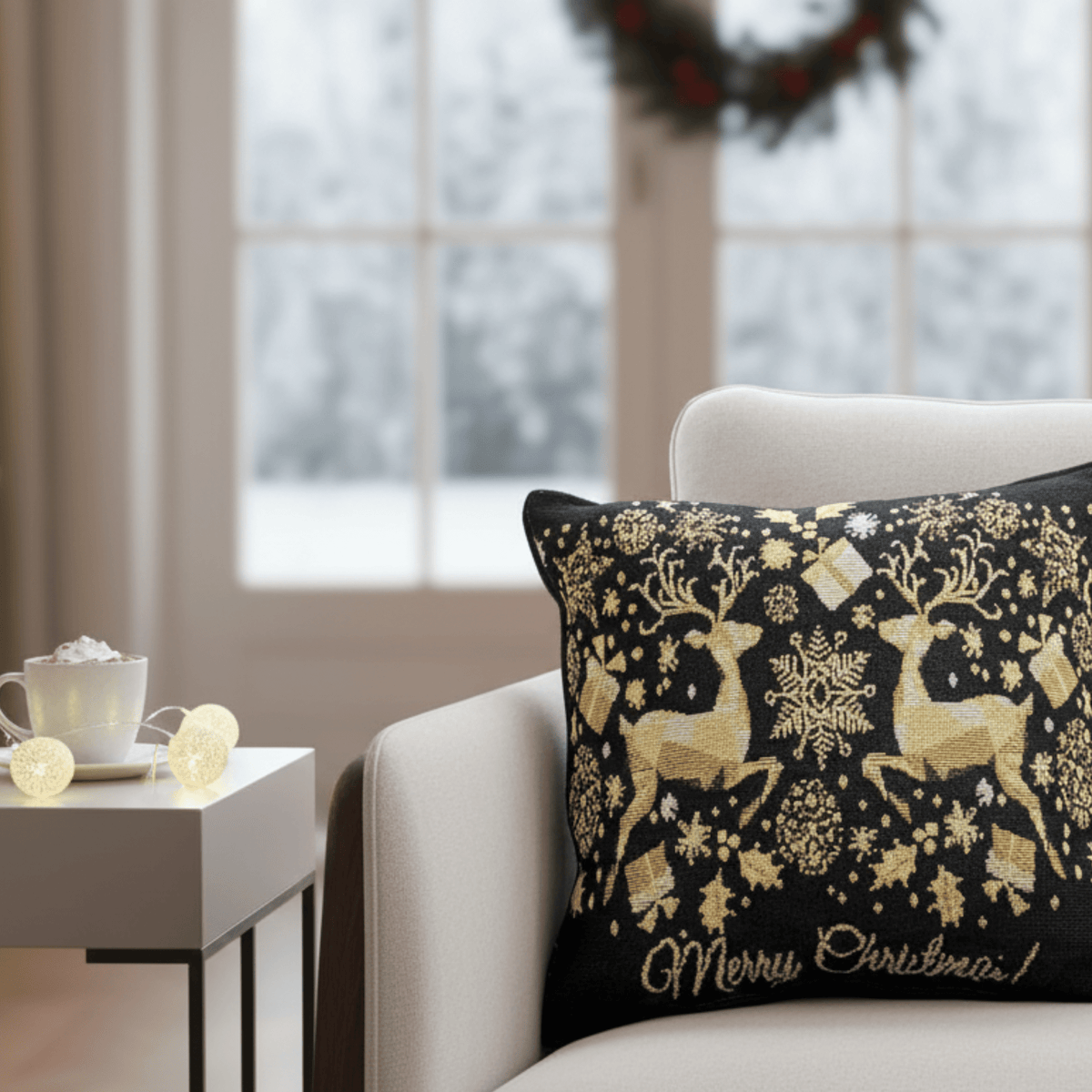 Magical Golden Reindeer Woven Tapestry Throw Pillow Covers 16" x 16" 