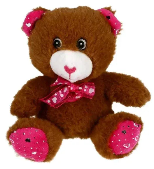 Cozy brown teddy bear with pink heart bow, perfect for farmhouse cottage decor and thoughtful gifts