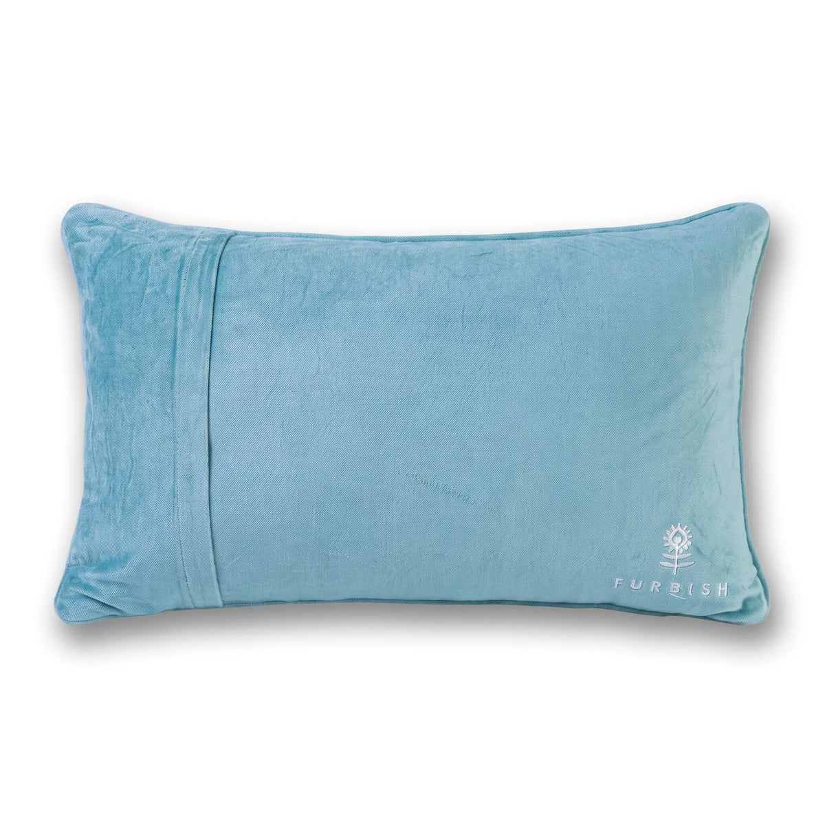 A rectangular light blue pillow with a plush velvet-like texture, featuring a vertical stitched seam on the left side and a small white embroidered 'Turkish' tree logo in the bottom right corner, set against a plain white background.