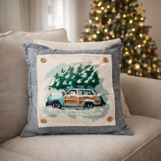 Vintage Station Wagon Christmas Tree Interchangeable Square Pillow Panel