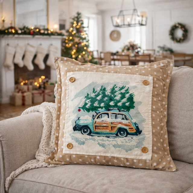 Vintage Station Wagon Christmas Tree Interchangeable Square Pillow Panel