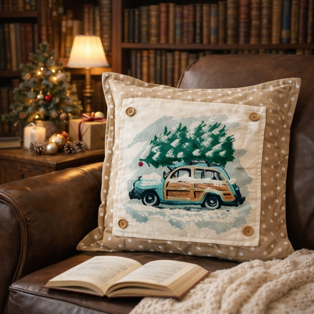 Vintage Station Wagon Christmas Tree Interchangeable Square Pillow Panel