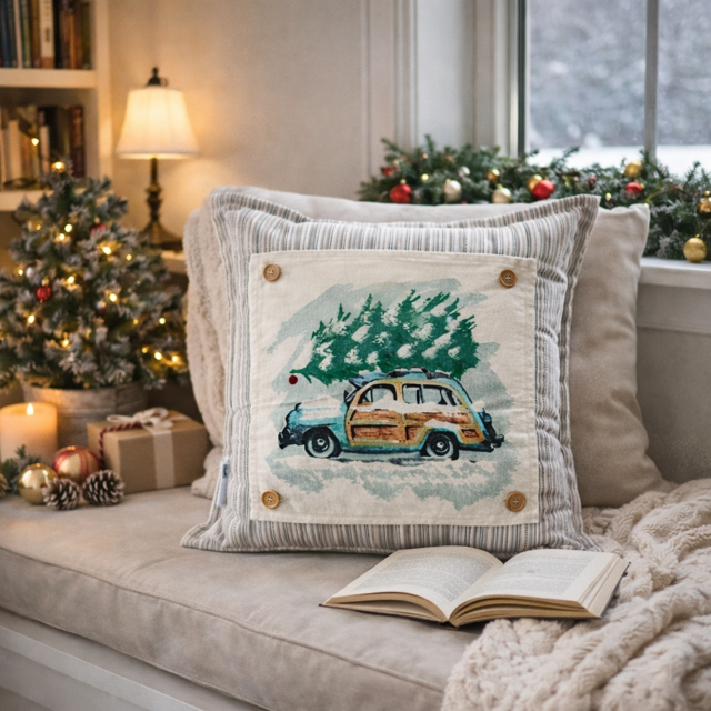 Vintage Station Wagon Christmas Tree Interchangeable Square Pillow Panel