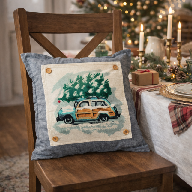 Vintage Station Wagon Christmas Tree Interchangeable Square Pillow Panel