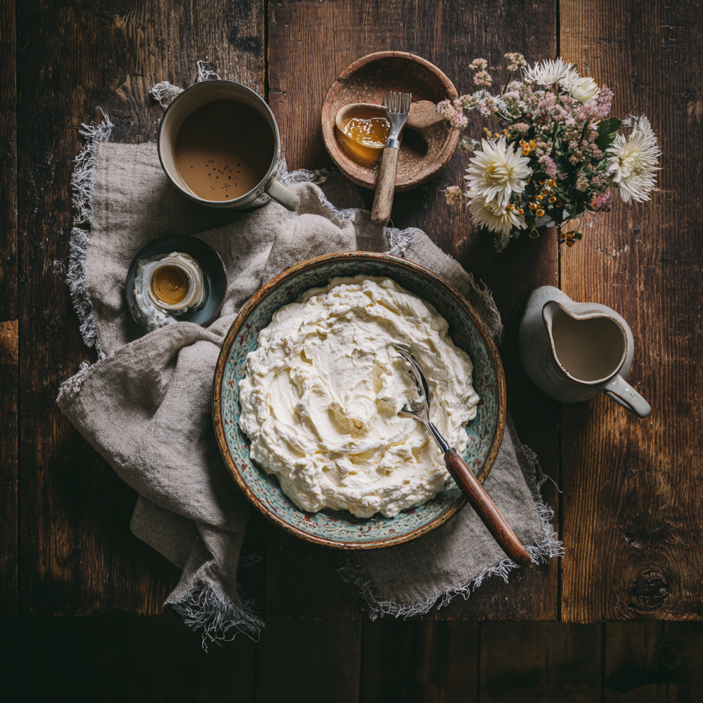 Bowl of creamy dish with a spoon, mug, and flowers on a wooden table