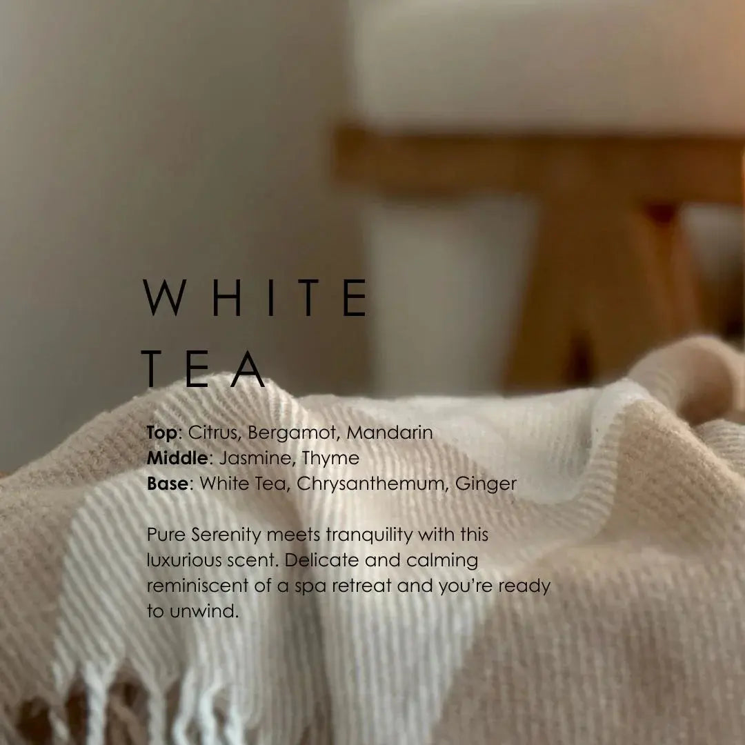 White Tea candle scent notes: citrus, jasmine, white tea — cozy, calming spa-like ambiance for home relaxation