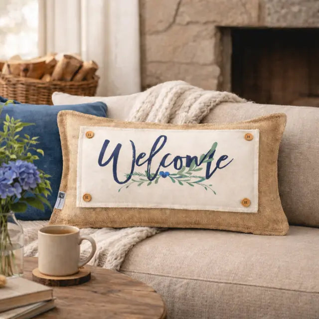 Decorative pillow with 'Welcome' text on a couch in a cozy living room setting.