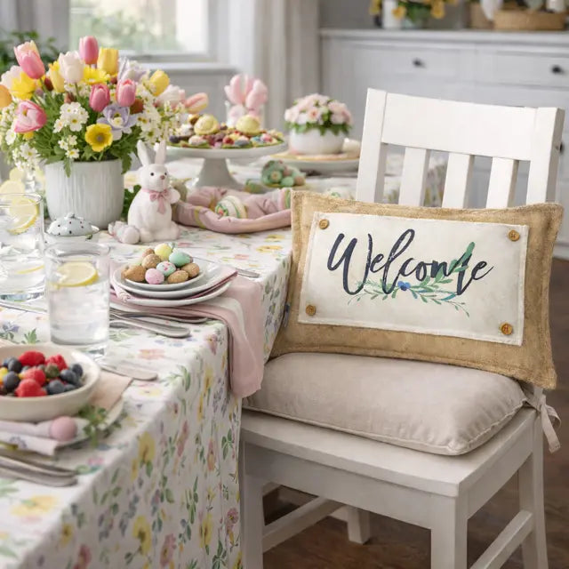 Dining room table set for Easter with floral tablecloth, decorative eggs, and 'Welcome' pillow.