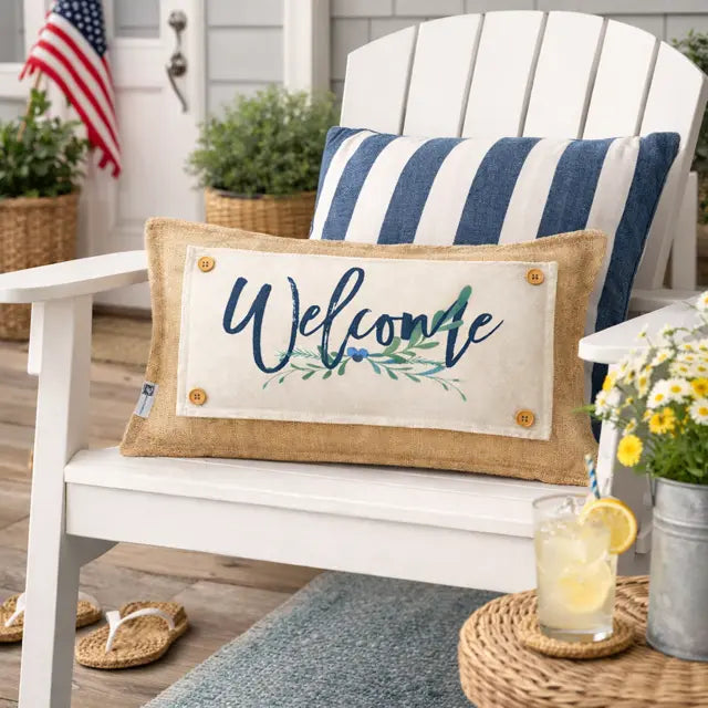 Decorative pillow with 'Welcome' text on a white chair on a porch.