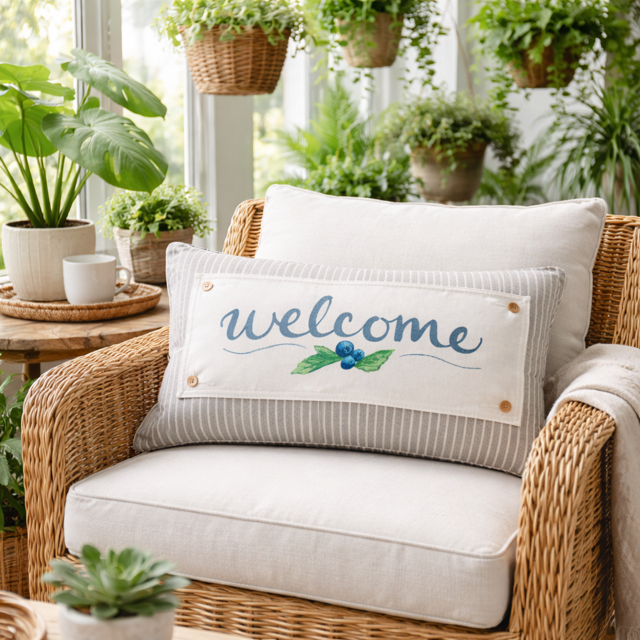 Wicker chair with a 'welcome' pillow in a sunlit room with plants