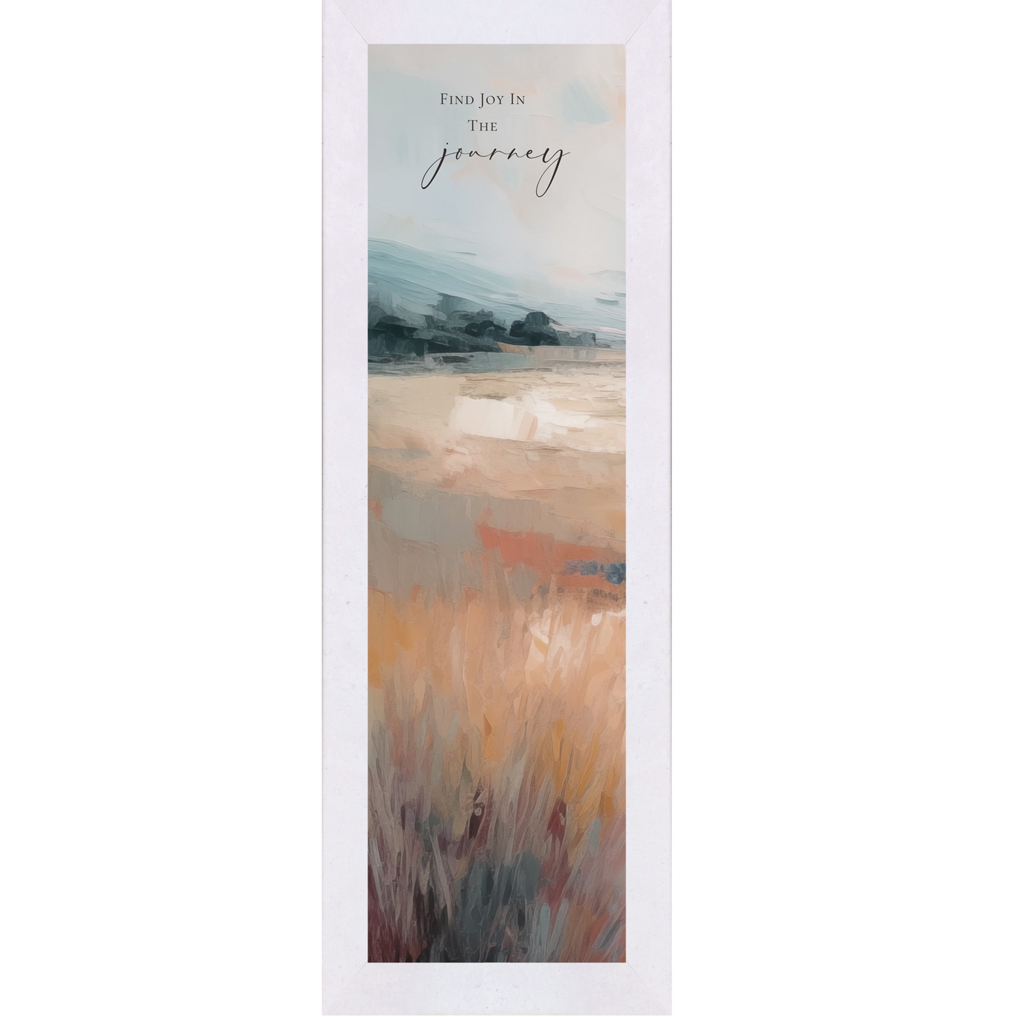 Framed artwork with a scenic landscape and motivational quote on a white background